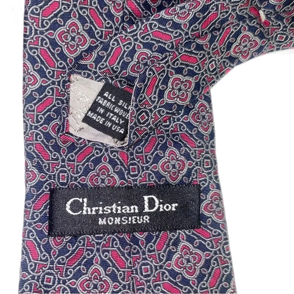 Christian Dior 100% Silk Elegant Patterned Tie in Red and Navy